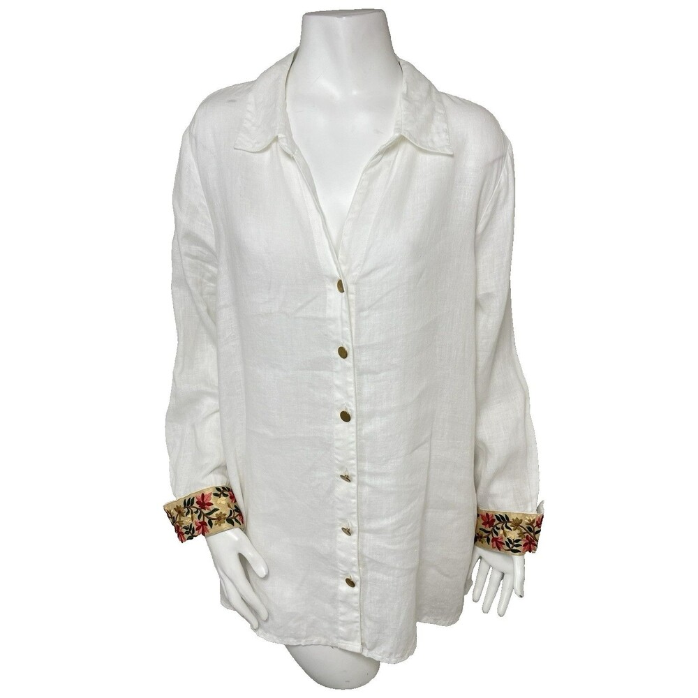 Soft Surroundings XL Flora Blanco Embroidered Cuff Linen White Tunic Top Blouse
